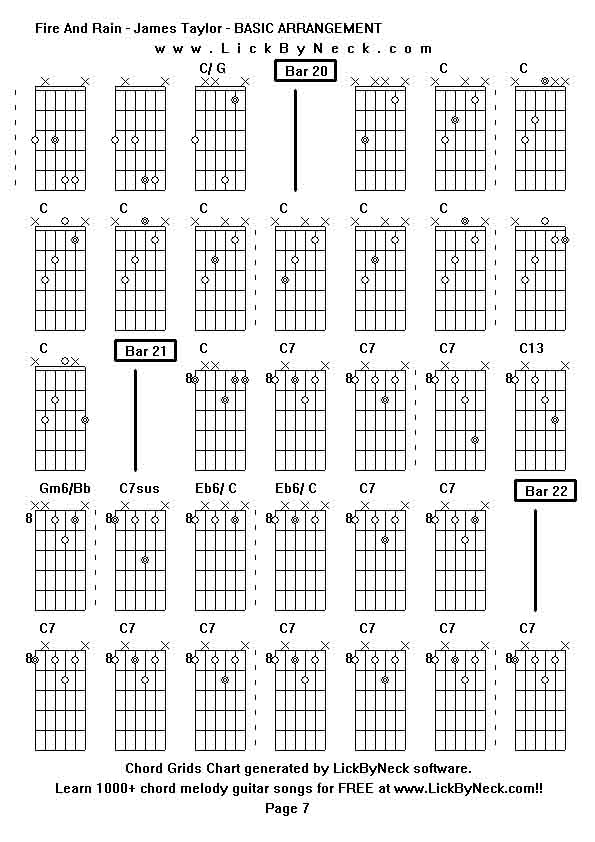 Chord Grids Chart of chord melody fingerstyle guitar song-Fire And Rain - James Taylor - BASIC ARRANGEMENT,generated by LickByNeck software.